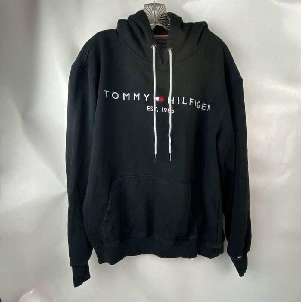 Tommy Hilfiger Black Hoodie with White Accents and Embroidered Logo 2XL